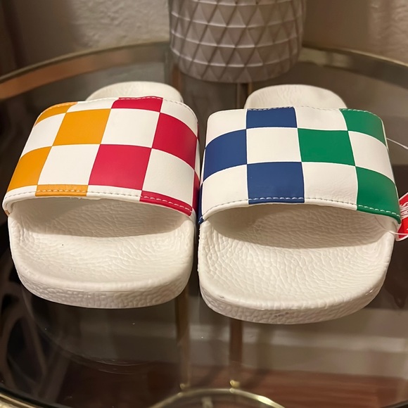 Vans Shoes - Vans slides. Women’s 6.5/Men’s 5. Blue/green/red/yellow checkers. NWT